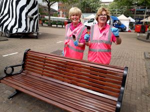 Elaine and Linda M with bench